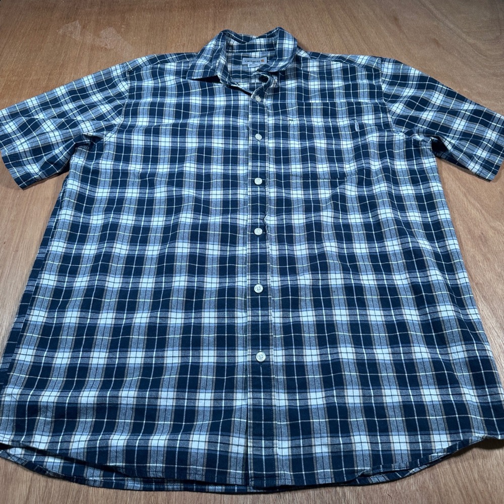 Carhartt Button Up Shirt Mens XL Navy Blue Plaid S278 NVY Short Sleeve Workwear